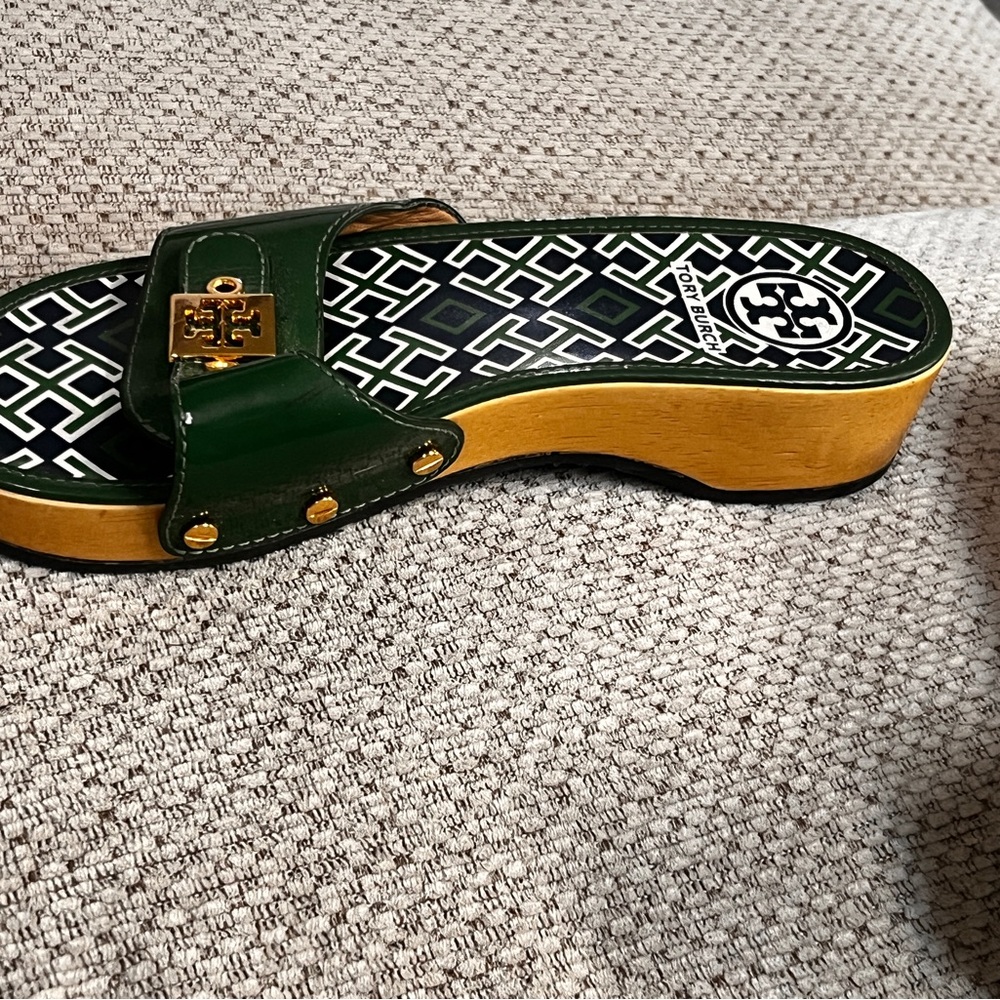 Tory Burch Green and Gold Slide Sandals